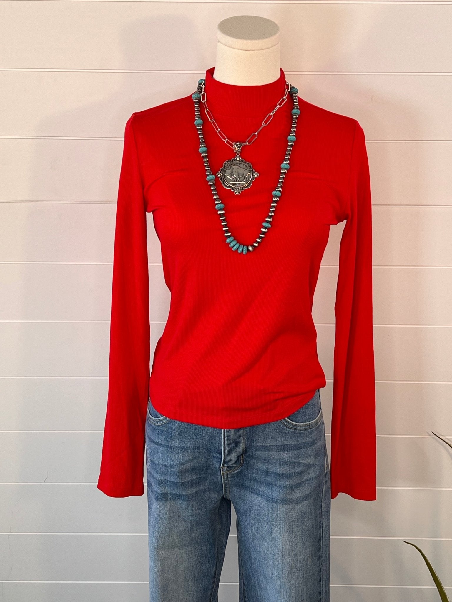 La Miel Ribbed Long Sleeve Mock Neck Western Basics Top — Layering Staple (4 Colors: Red, Teal, Black, Brown) Cowhide and Conchos