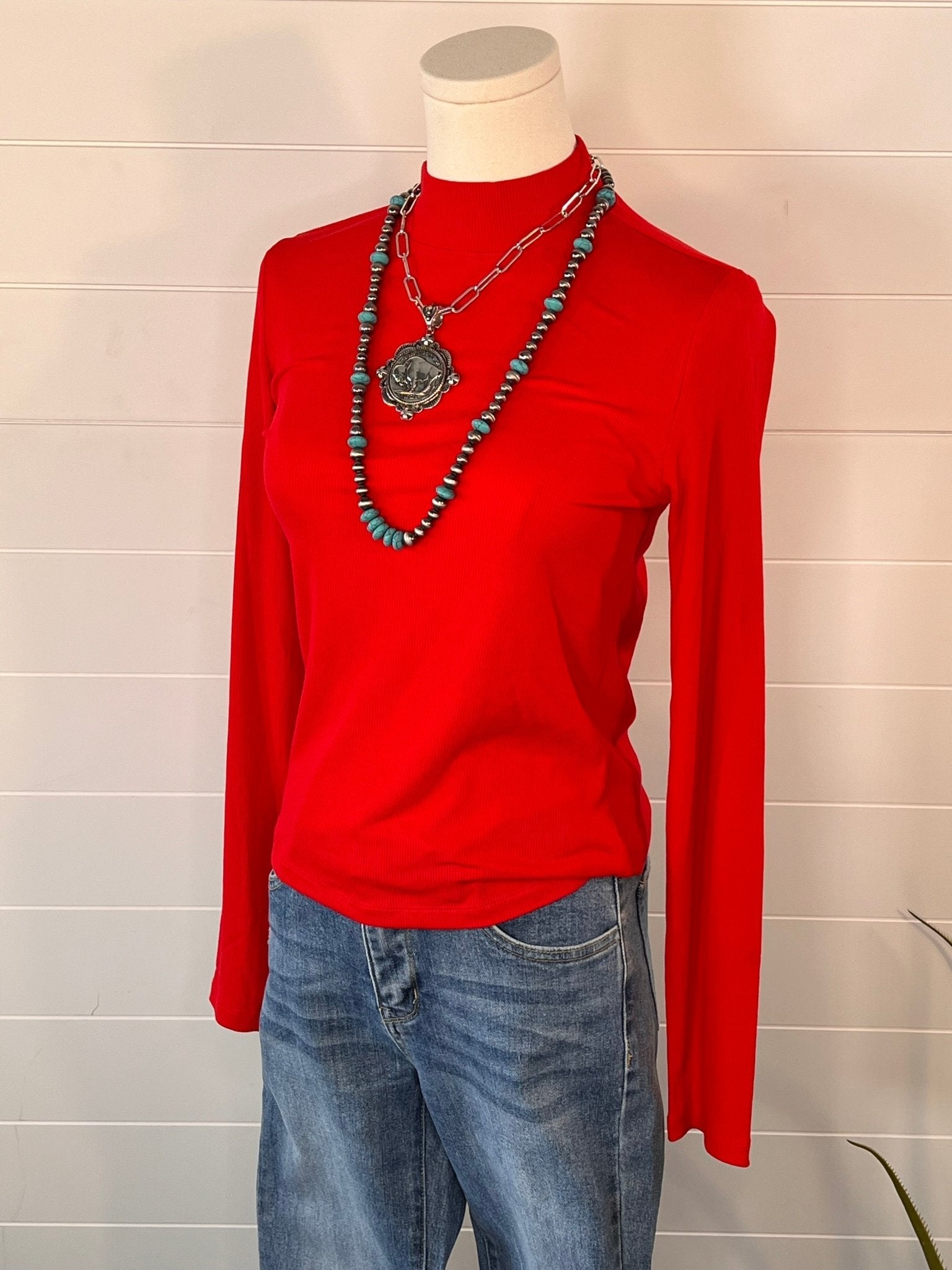 La Miel Ribbed Long Sleeve Mock Neck Western Basics Top — Layering Staple (4 Colors: Red, Teal, Black, Brown) Cowhide and Conchos