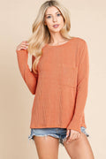 BOMBOM Western Ribbed Top with Pocket — Pumpkin & Fuchsia Cozy Crewneck Made in USA Cowhide and Conchos