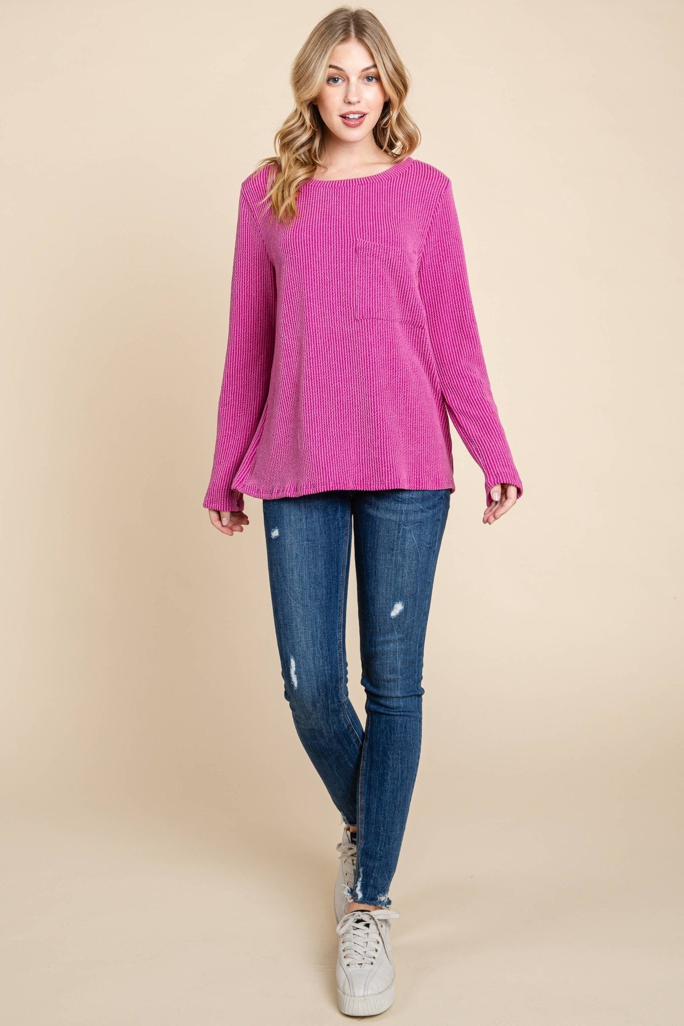 BOMBOM Western Ribbed Top with Pocket — Pumpkin & Fuchsia Cozy Crewneck Made in USA Cowhide and Conchos
