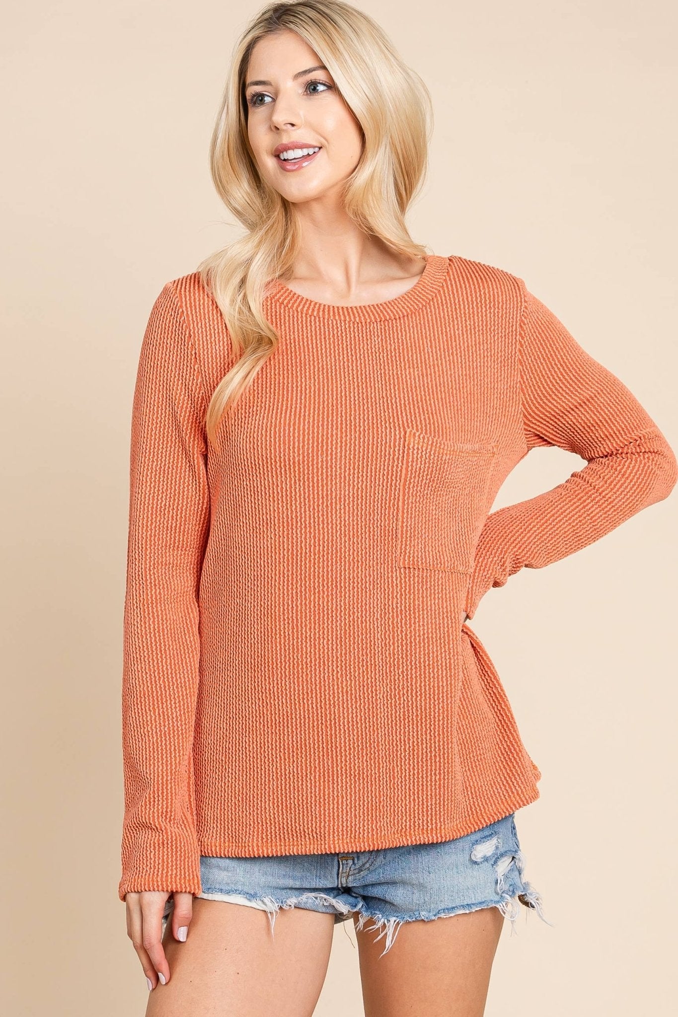 BOMBOM Western Ribbed Top with Pocket — Pumpkin & Fuchsia Cozy Crewneck Made in USA Cowhide and Conchos