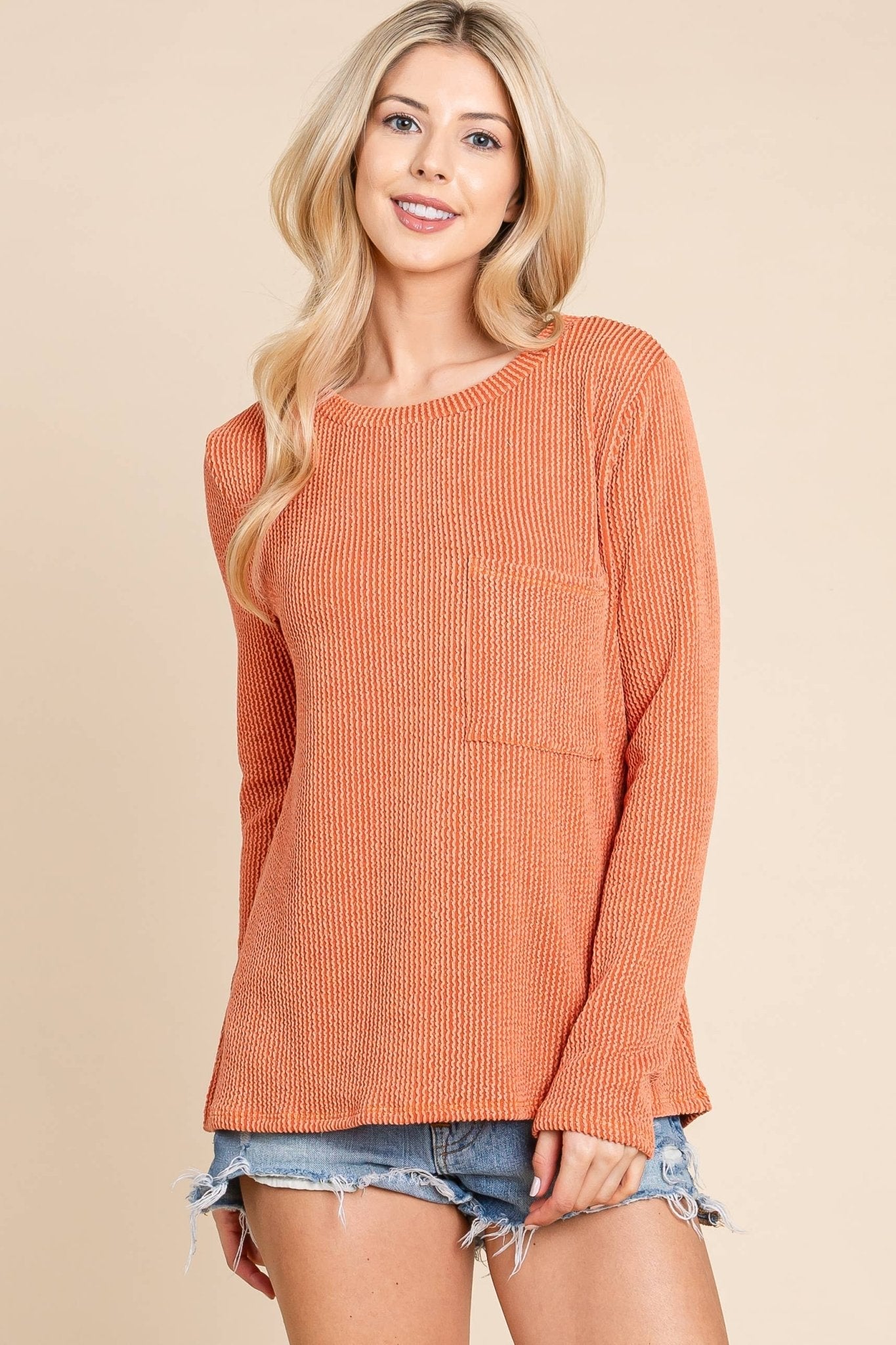 BOMBOM Western Ribbed Top with Pocket — Pumpkin & Fuchsia Cozy Crewneck Made in USA Cowhide and Conchos