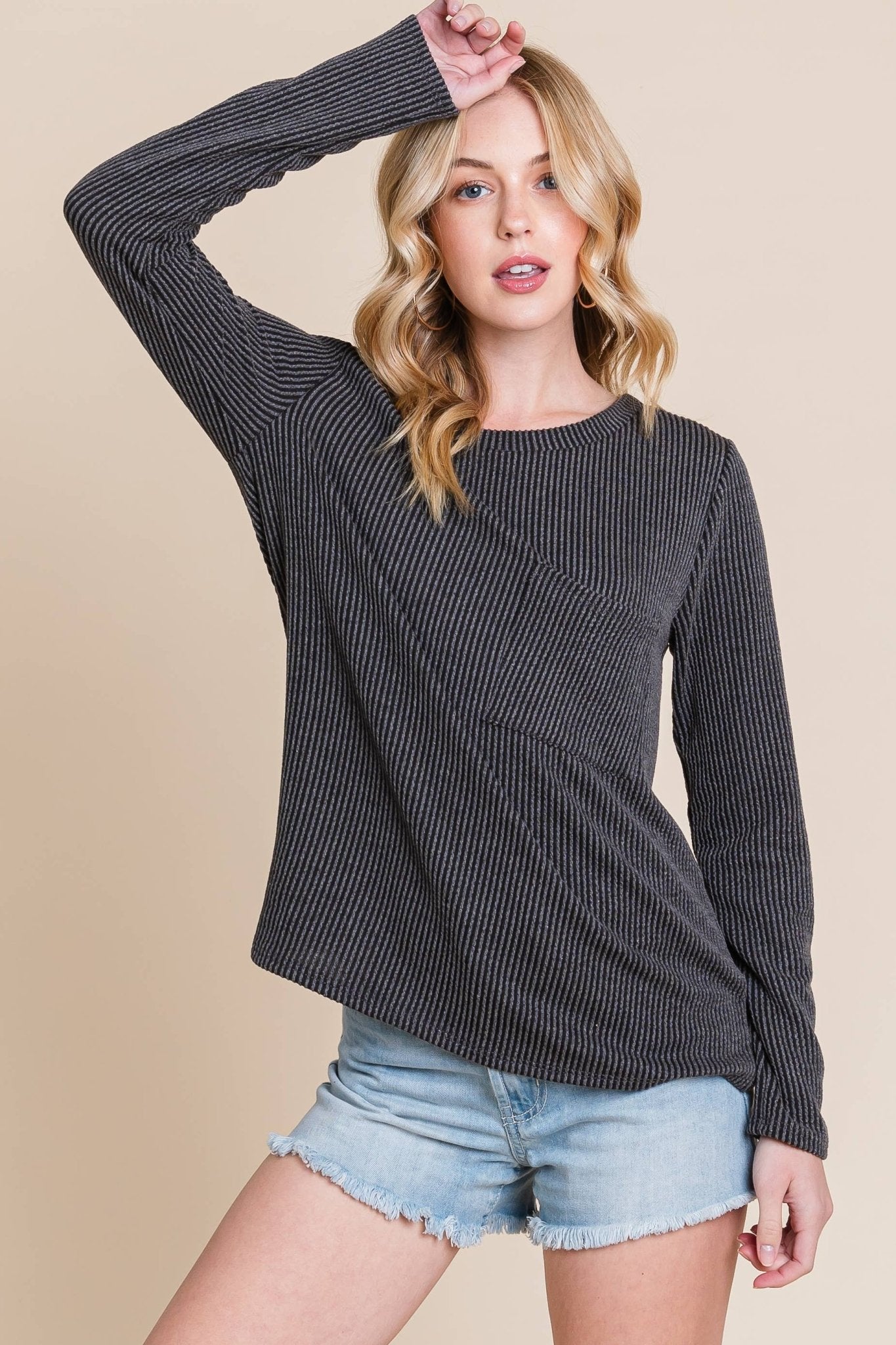 BOMBOM Western Ribbed Top with Pocket — Pumpkin & Fuchsia Cozy Crewneck Made in USA Cowhide and Conchos