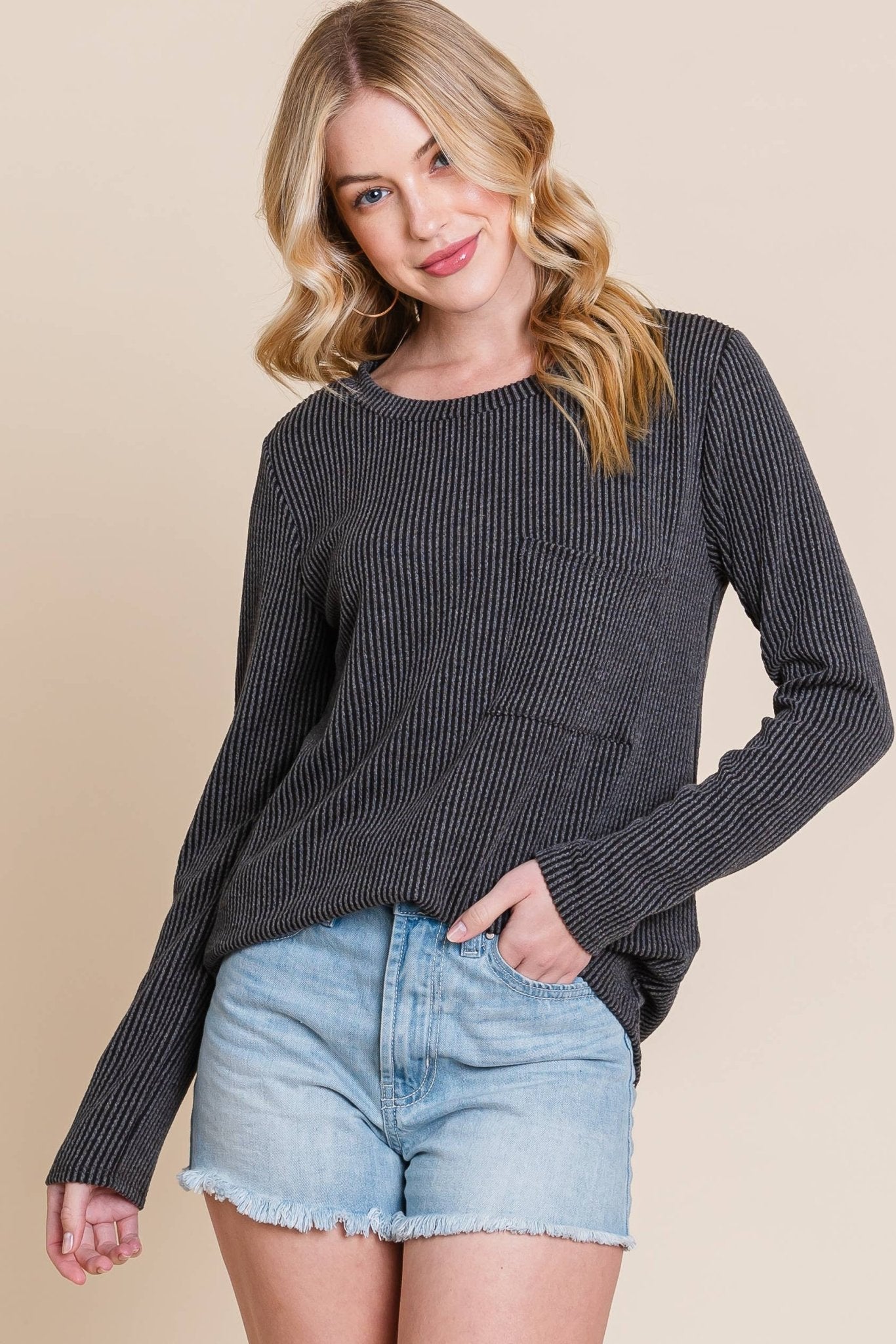 BOMBOM Western Ribbed Top with Pocket — Pumpkin & Fuchsia Cozy Crewneck Made in USA Cowhide and Conchos