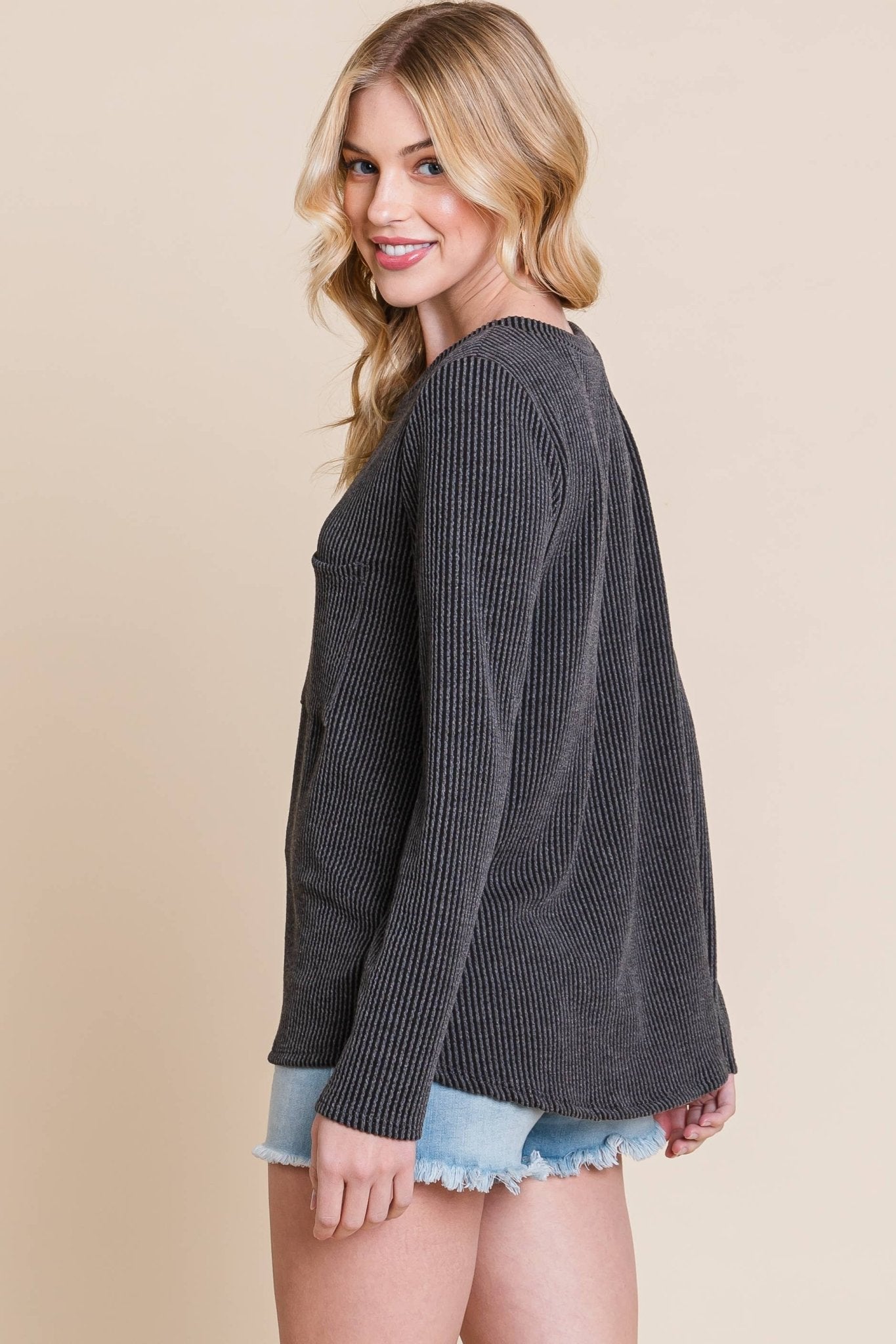 BOMBOM Western Ribbed Top with Pocket — Pumpkin & Fuchsia Cozy Crewneck Made in USA Cowhide and Conchos