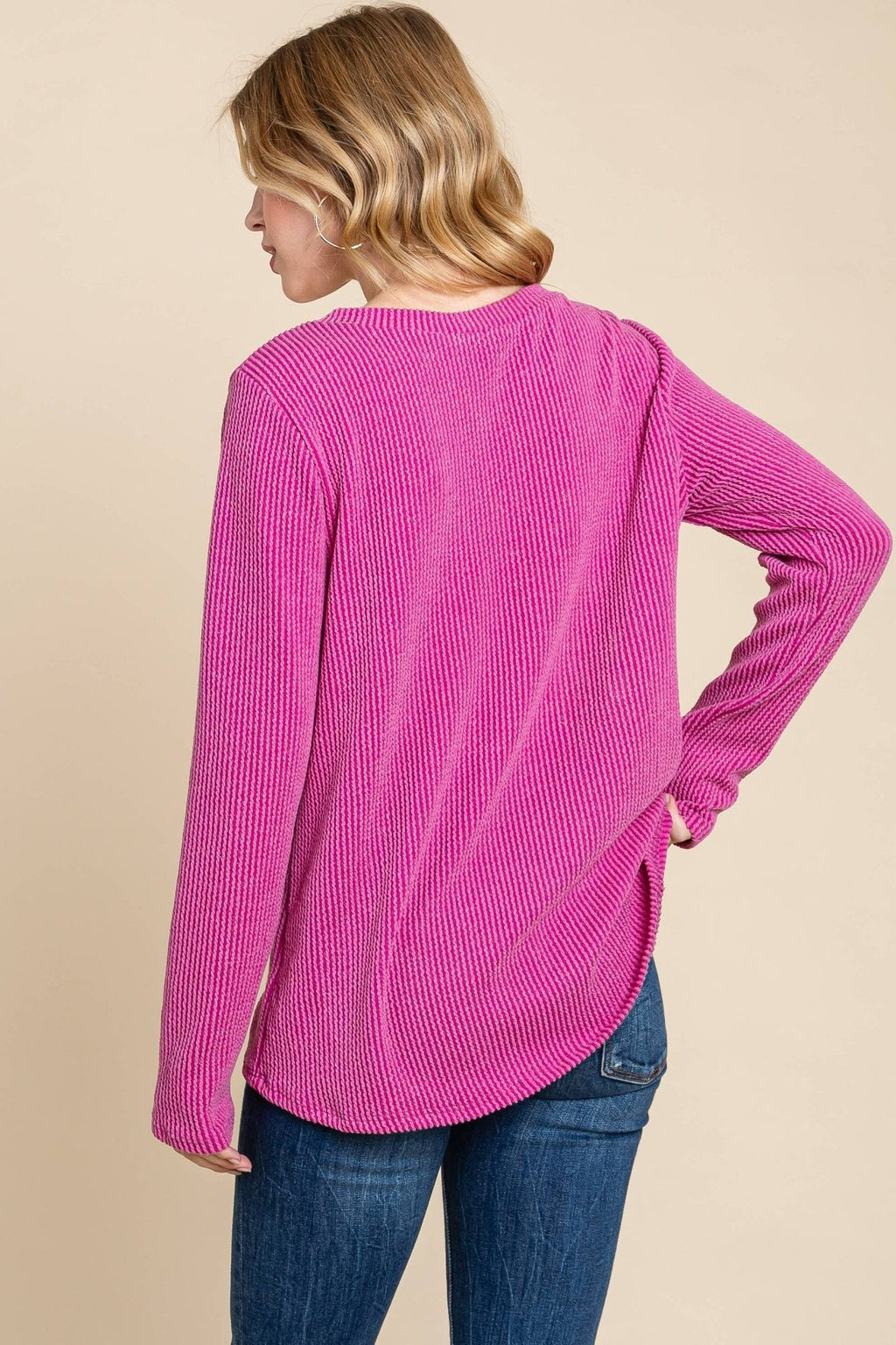 BOMBOM Western Ribbed Top with Pocket — Pumpkin & Fuchsia Cozy Crewneck Made in USA Cowhide and Conchos