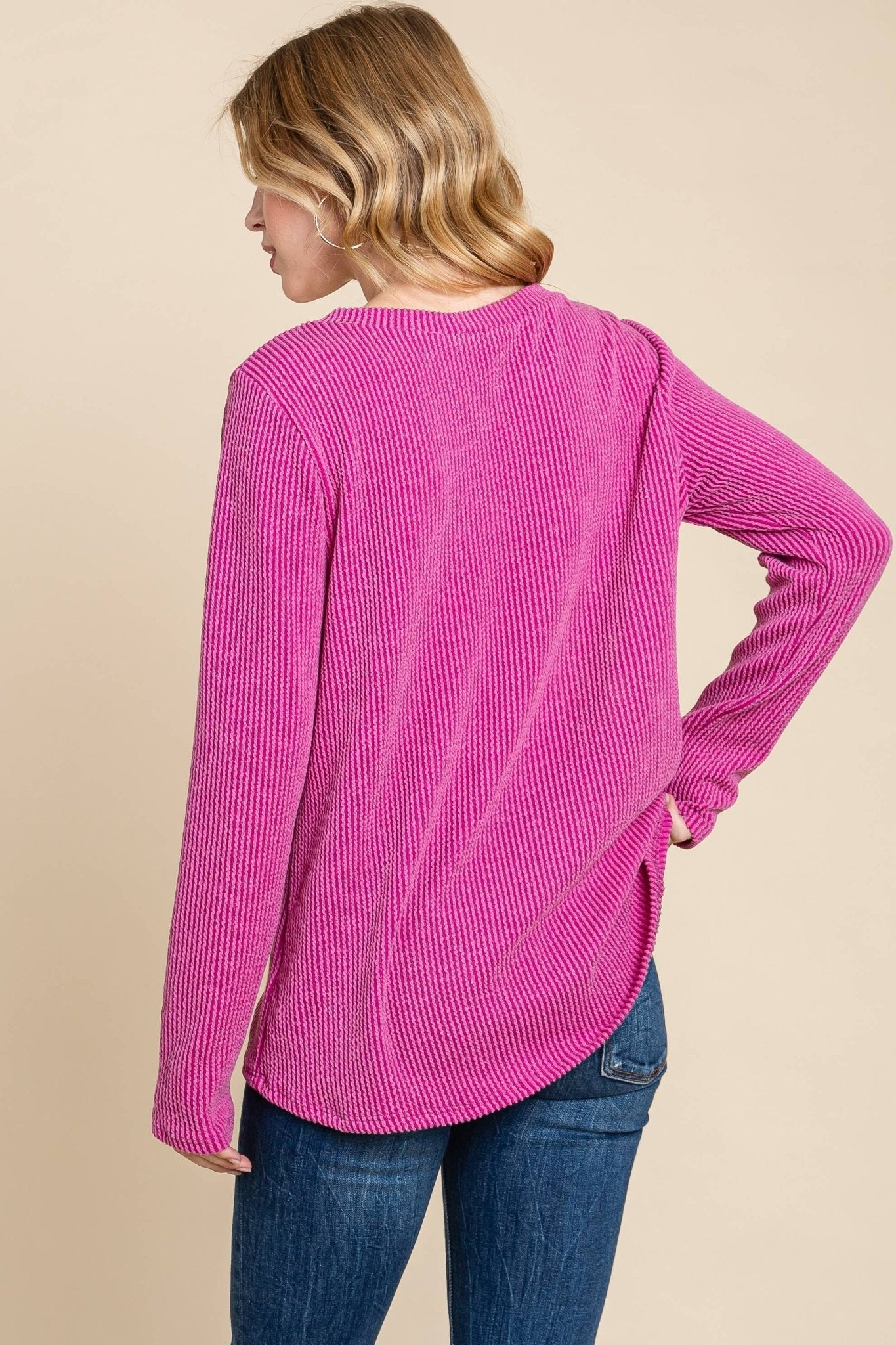 BOMBOM Western Ribbed Top with Pocket — Pumpkin & Fuchsia Cozy Crewneck Made in USA Cowhide and Conchos