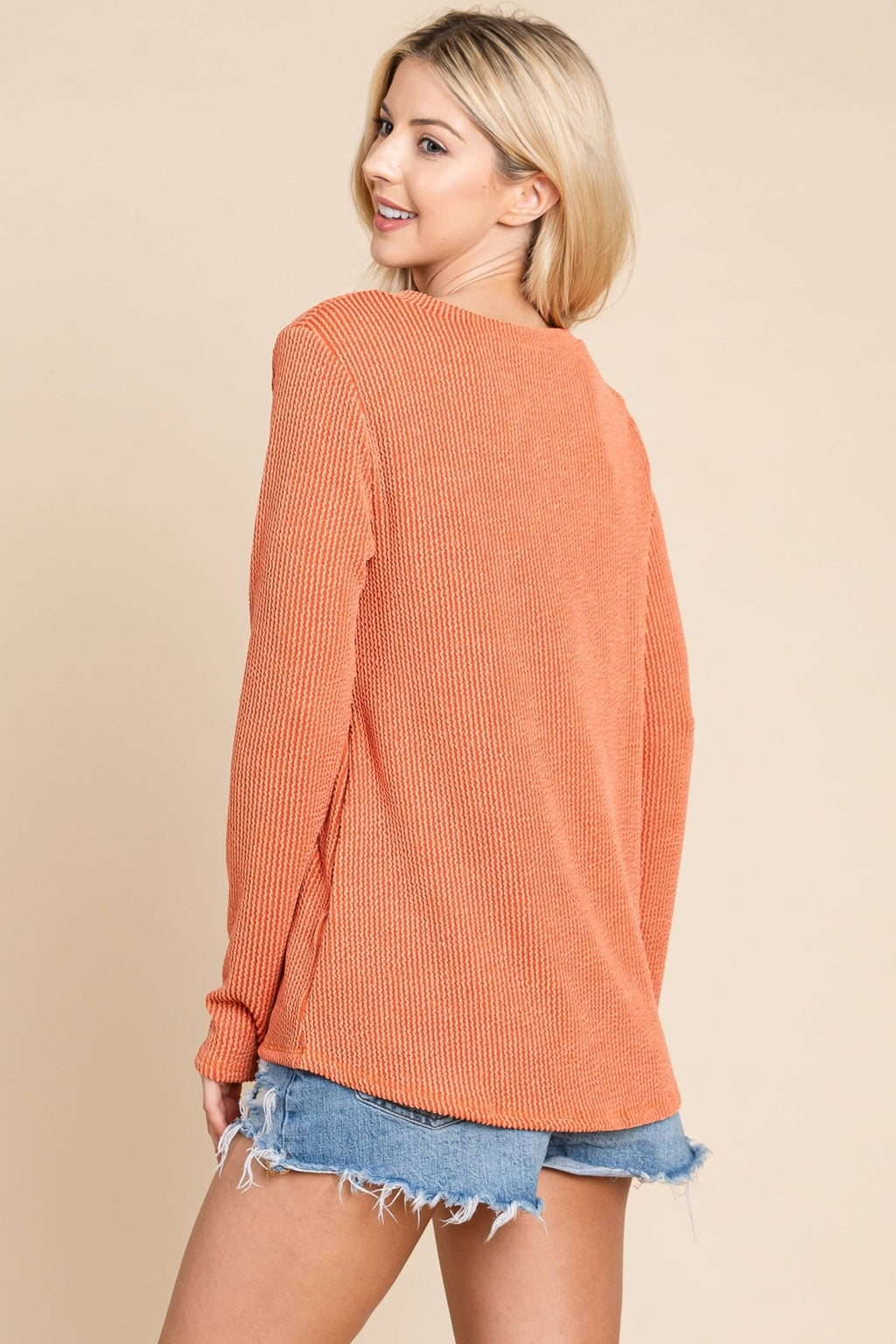 BOMBOM Western Ribbed Top with Pocket — Pumpkin & Fuchsia Cozy Crewneck Made in USA Cowhide and Conchos