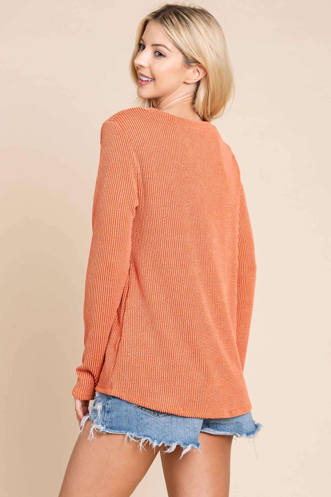 BOMBOM Western Ribbed Top with Pocket — Pumpkin & Fuchsia Cozy Crewneck Made in USA Cowhide and Conchos