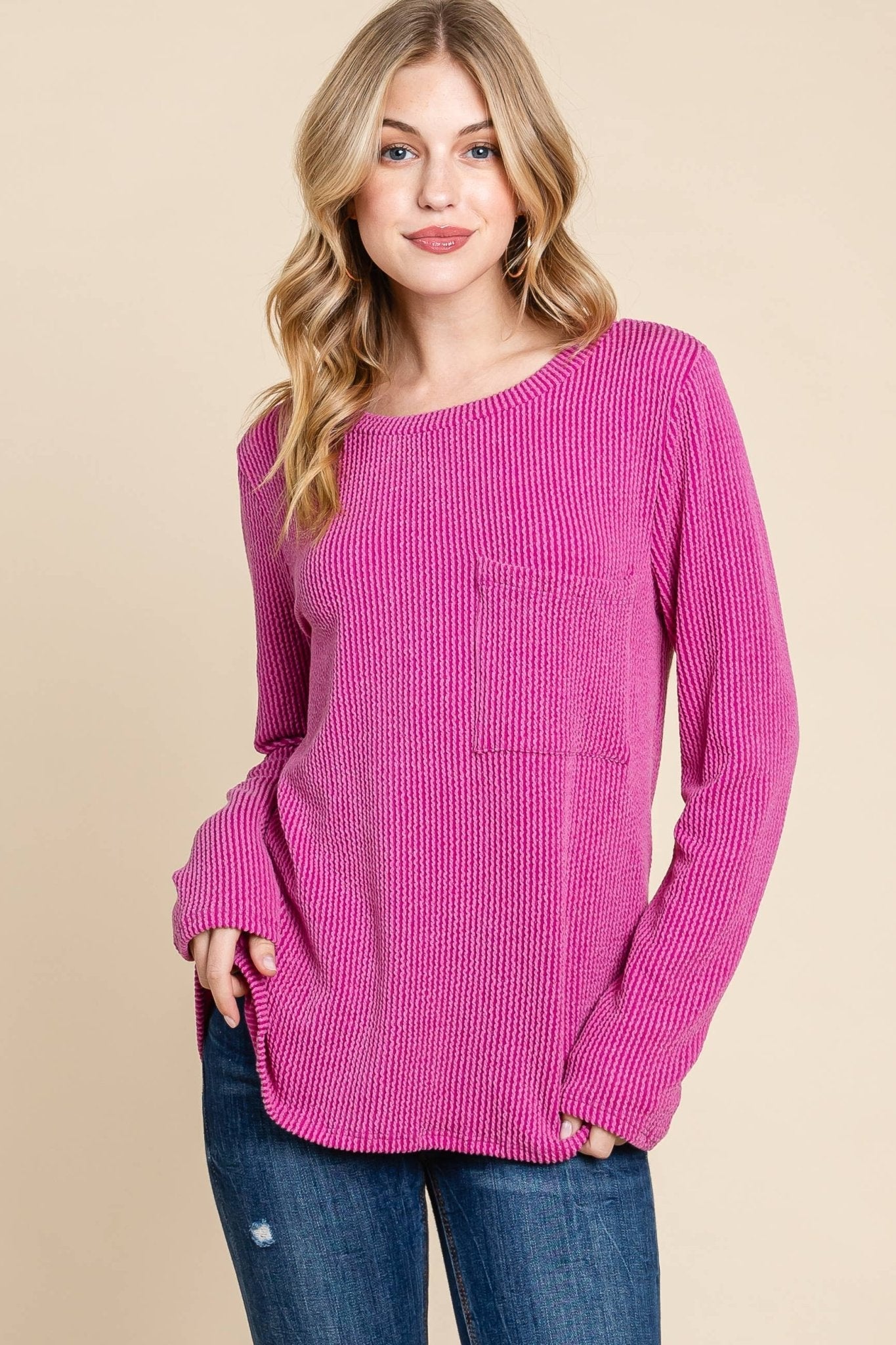 BOMBOM Western Ribbed Top with Pocket — Pumpkin & Fuchsia Cozy Crewneck Made in USA Cowhide and Conchos
