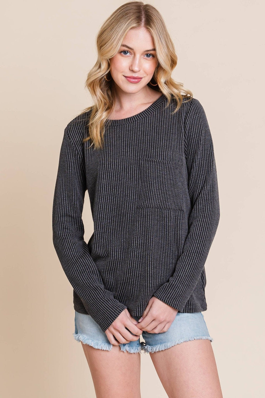 BOMBOM Western Ribbed Top with Pocket — Pumpkin & Fuchsia Cozy Crewneck Made in USA Cowhide and Conchos