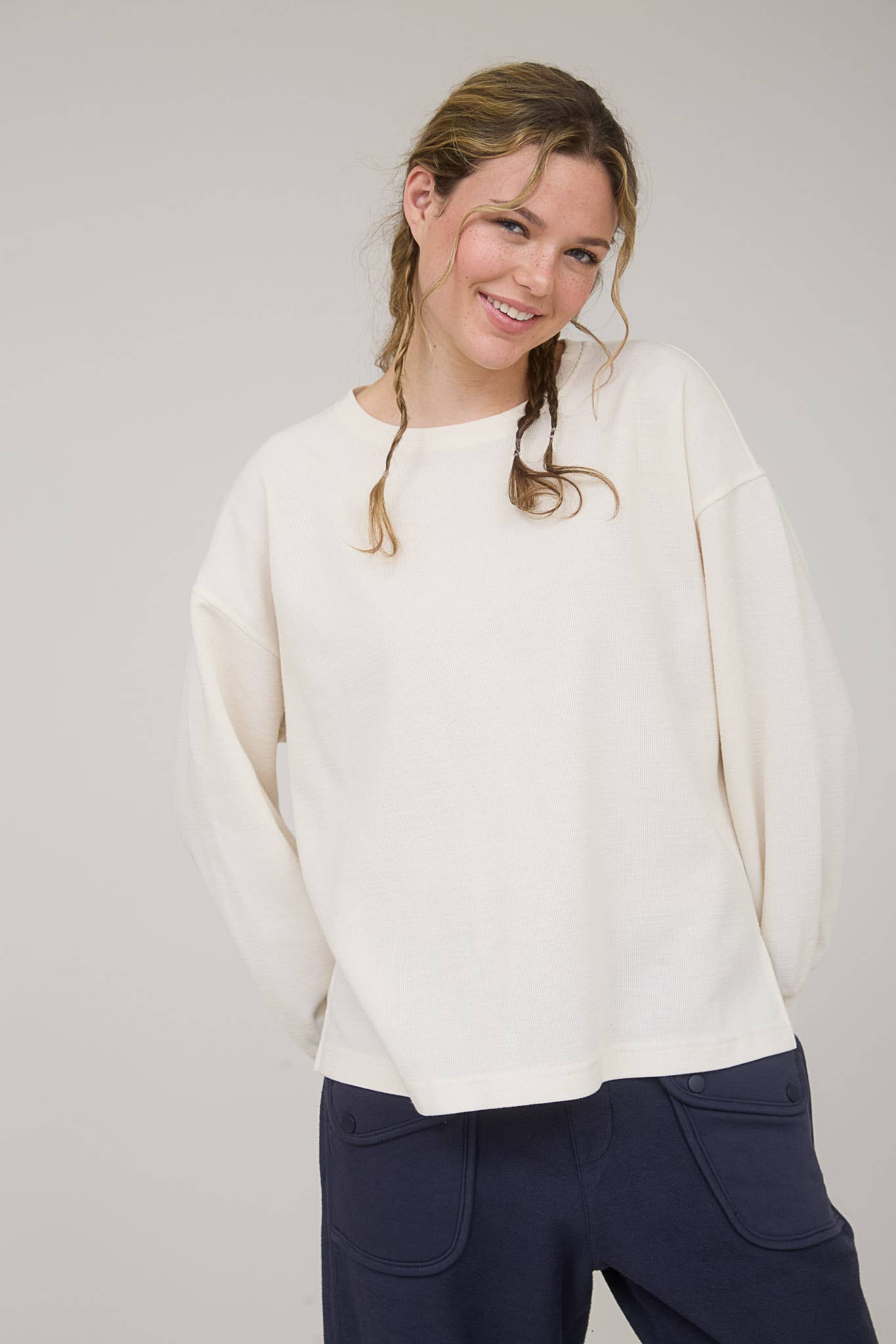 Blu Pepper "Round Up" Western Raw Edge Marled Knit Top — Soft Cotton Blend (Brown or Oatmeal) Cowhide and Conchos