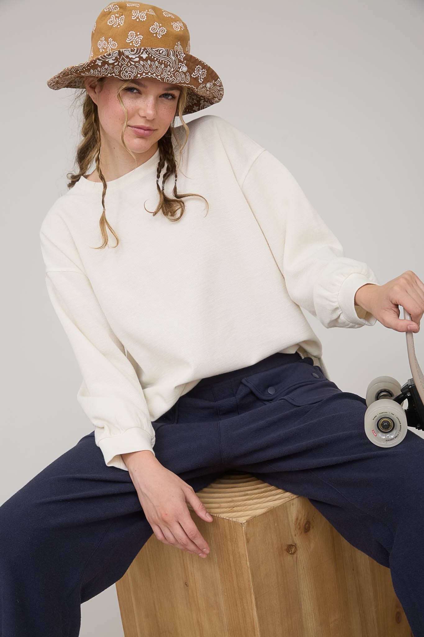 Blu Pepper "Round Up" Western Raw Edge Marled Knit Top — Soft Cotton Blend (Brown or Oatmeal) Cowhide and Conchos