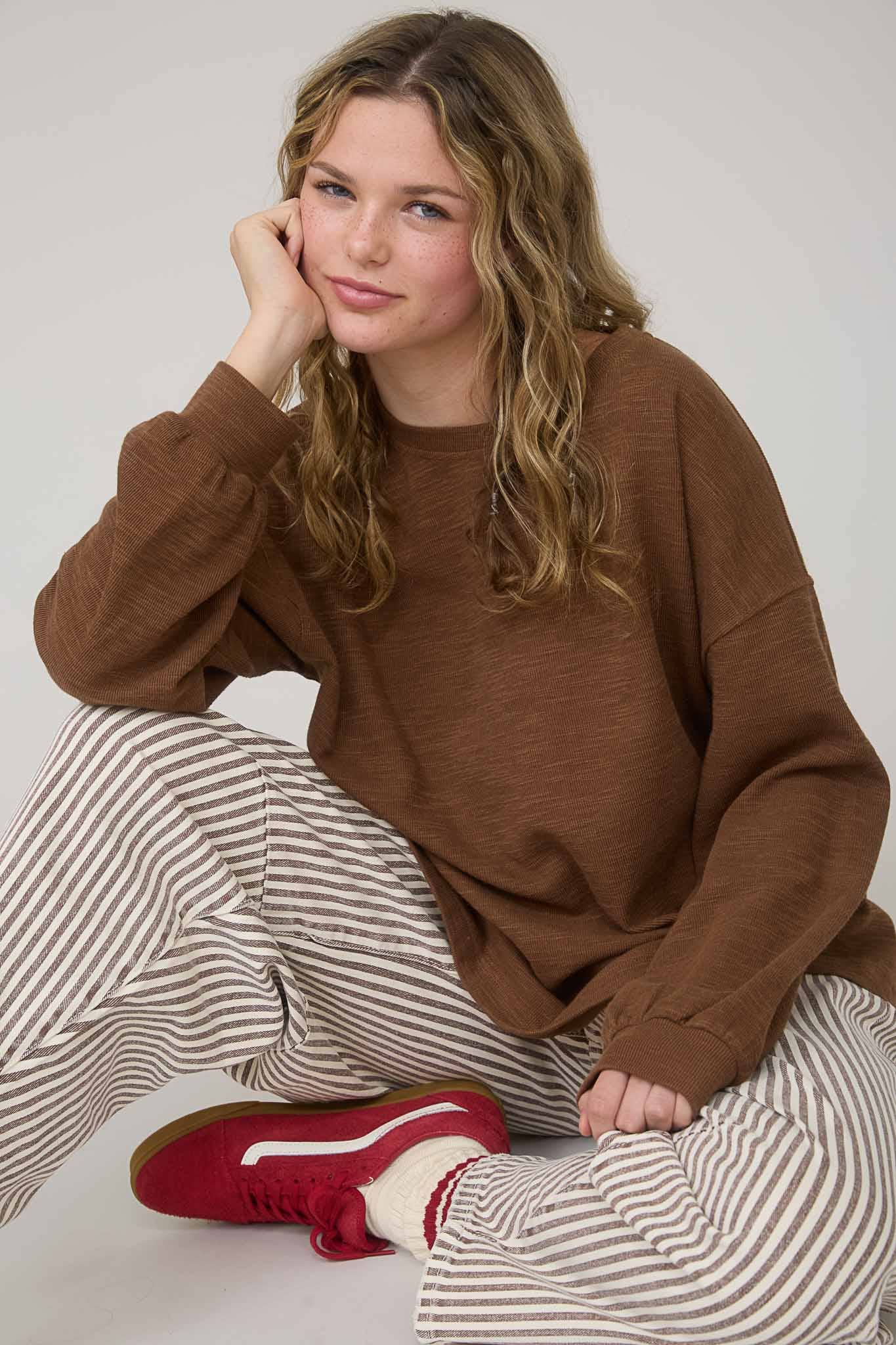 Blu Pepper "Round Up" Western Raw Edge Marled Knit Top — Soft Cotton Blend (Brown or Oatmeal) Cowhide and Conchos
