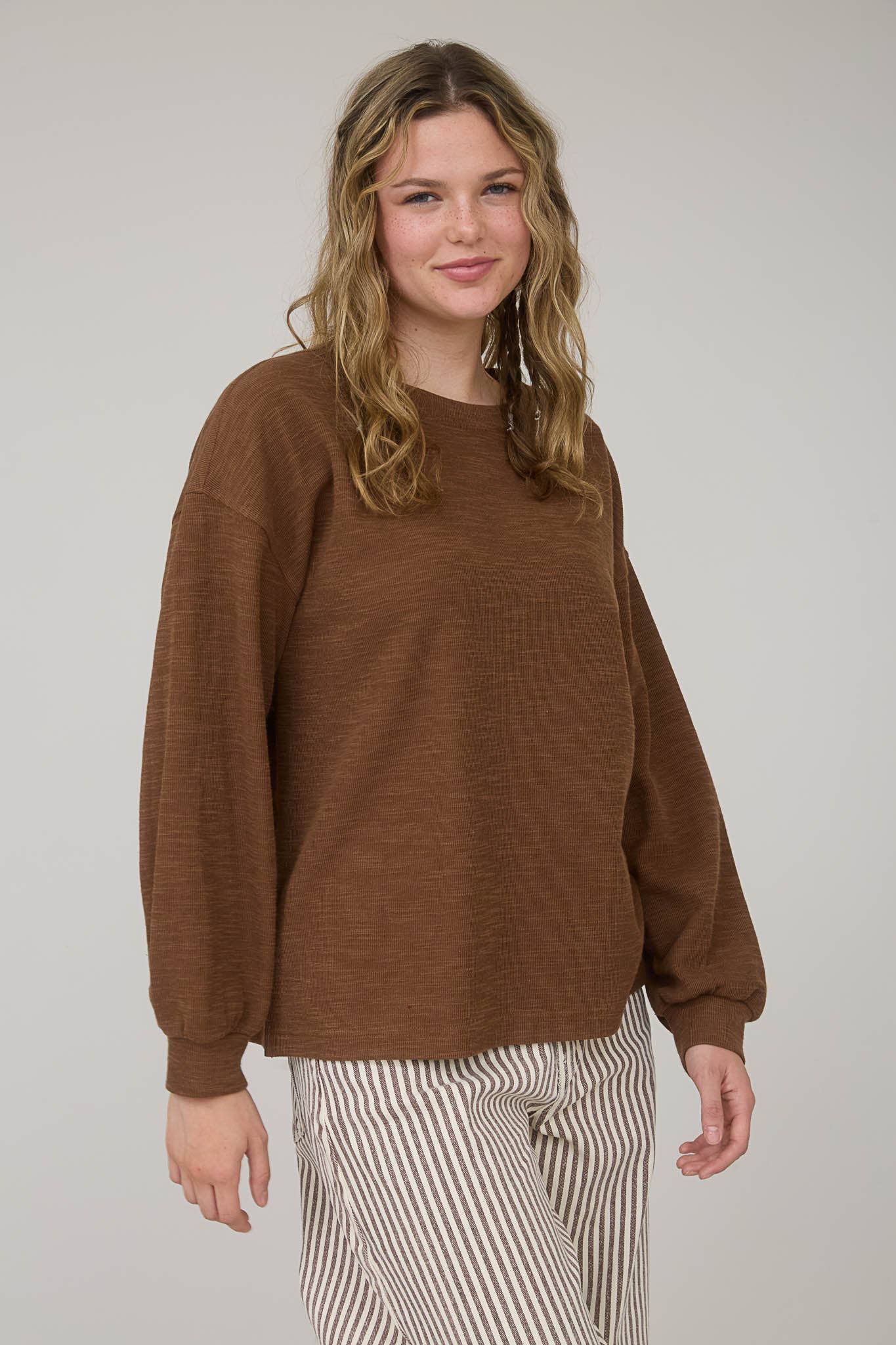 Blu Pepper "Round Up" Western Raw Edge Marled Knit Top — Soft Cotton Blend (Brown or Oatmeal) Cowhide and Conchos