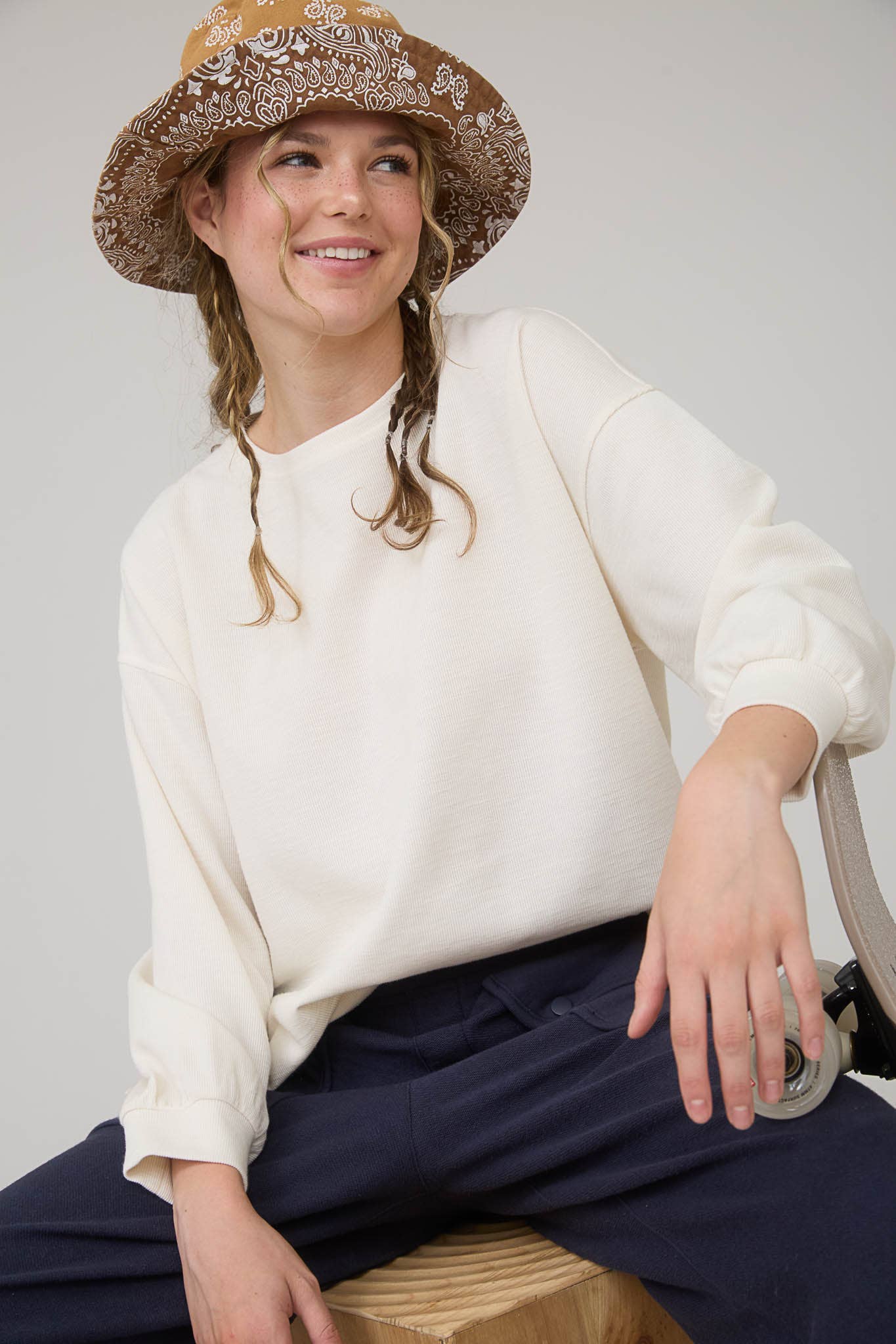Blu Pepper "Round Up" Western Raw Edge Marled Knit Top — Soft Cotton Blend (Brown or Oatmeal) Cowhide and Conchos
