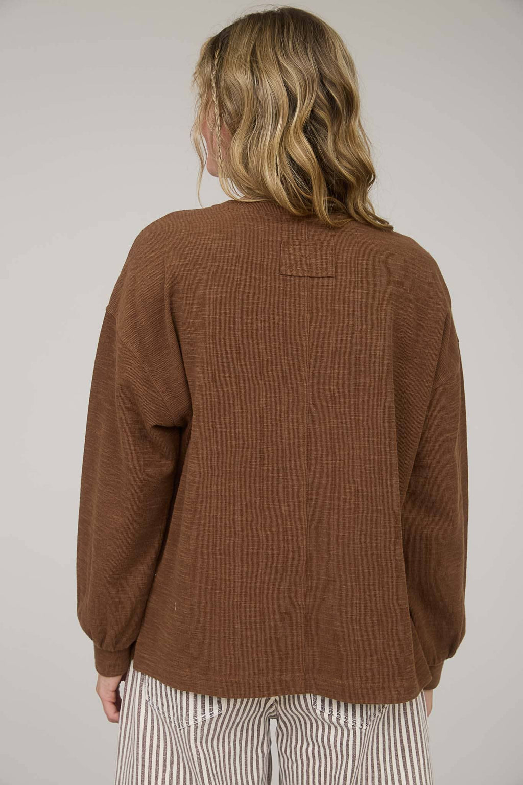Blu Pepper "Round Up" Western Raw Edge Marled Knit Top — Soft Cotton Blend (Brown or Oatmeal) Cowhide and Conchos