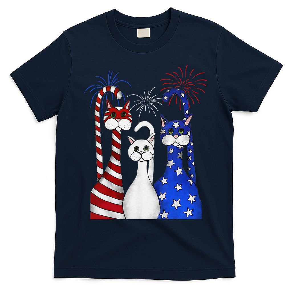 Red White Blue Cats USA Flag Firework 4th Of July T-Shirt Mood Vibes Tees - Express Your Mood, Wear Your Style