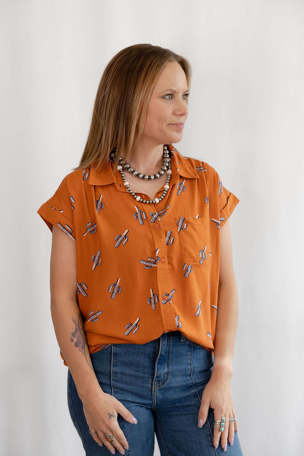 Cotton & Rye "Saguaro Sunset" Western Button-Up Blouse — Rust with Navy Cactus Print (Short Sleeve) Cowhide and Conchos