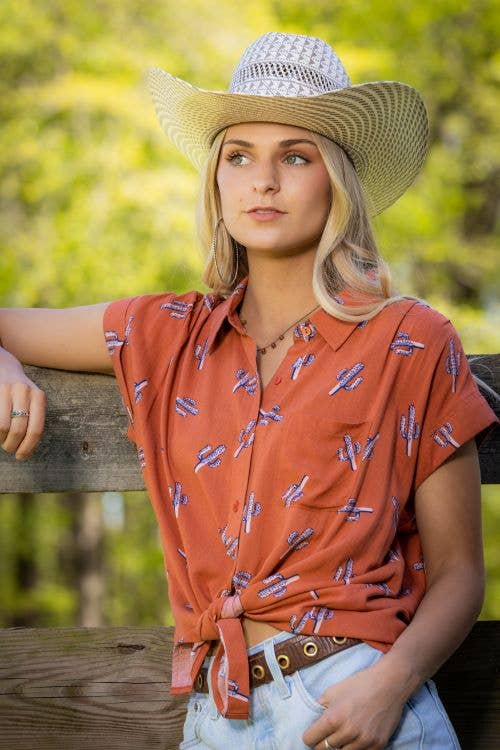 Cotton & Rye "Saguaro Sunset" Western Button-Up Blouse — Rust with Navy Cactus Print (Short Sleeve) Cowhide and Conchos