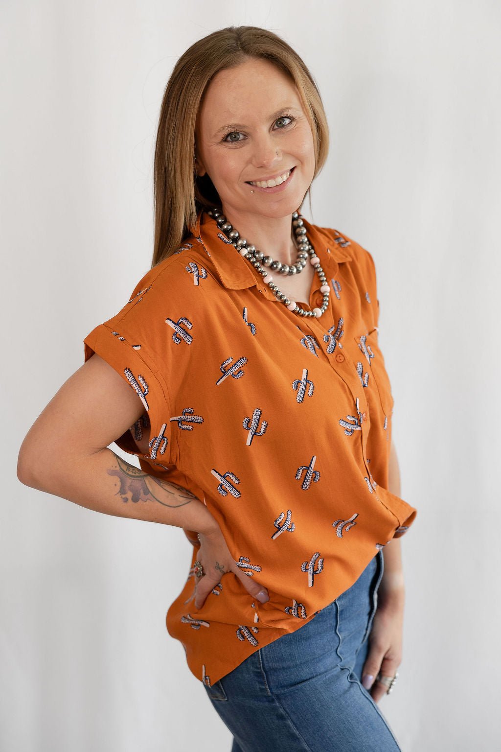 Cotton & Rye "Saguaro Sunset" Western Button-Up Blouse — Rust with Navy Cactus Print (Short Sleeve) Cowhide and Conchos