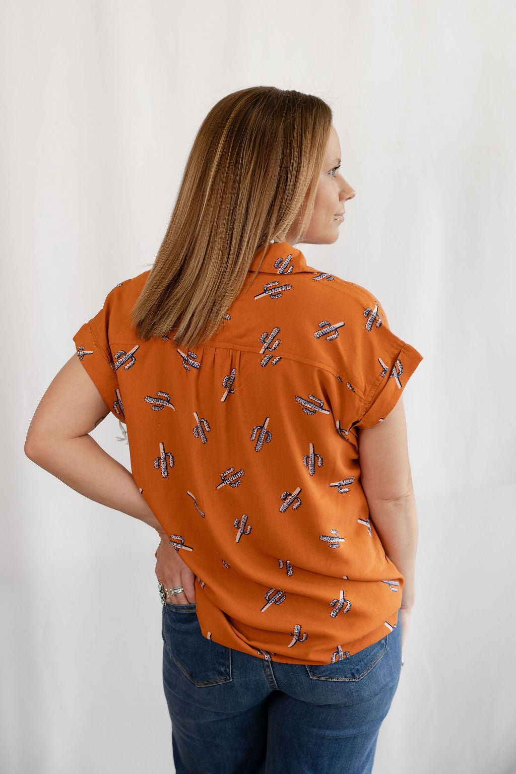 Cotton & Rye "Saguaro Sunset" Western Button-Up Blouse — Rust with Navy Cactus Print (Short Sleeve) Cowhide and Conchos