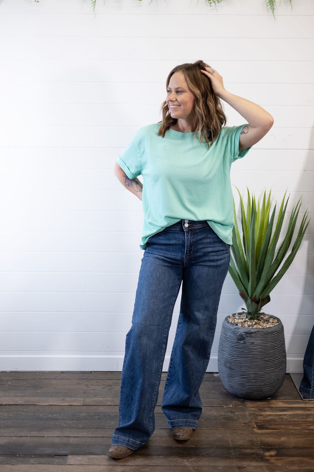 Andrée by Unit "Santa Anna" Two-Tone Short Sleeve Textured Western Top — Stretchy Knit with Raw-Edged Back Patch (5 Colors) Cowhide and Conchos
