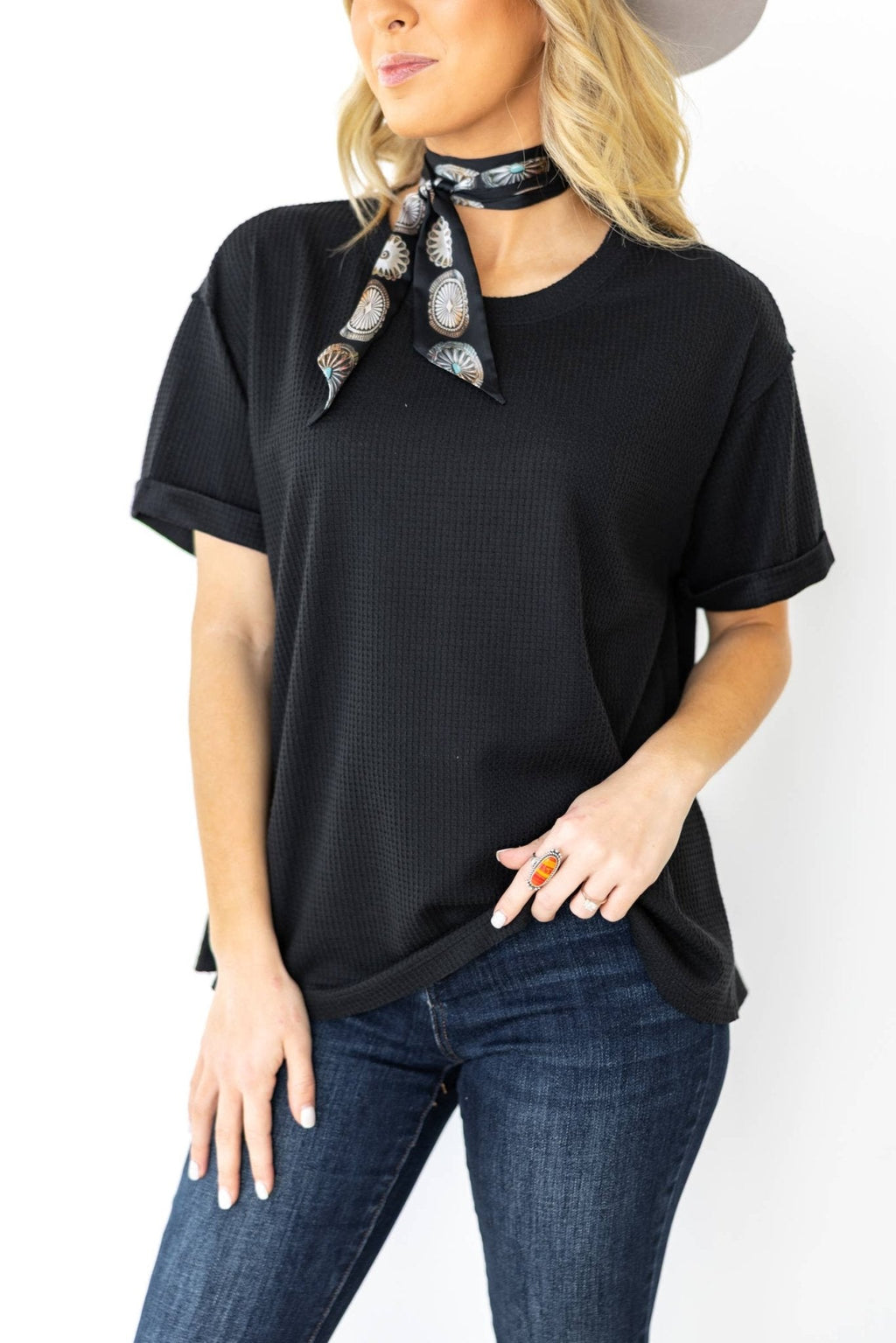 Andrée by Unit "Santa Anna" Two-Tone Short Sleeve Textured Western Top — Stretchy Knit with Raw-Edged Back Patch (5 Colors) Cowhide and Conchos