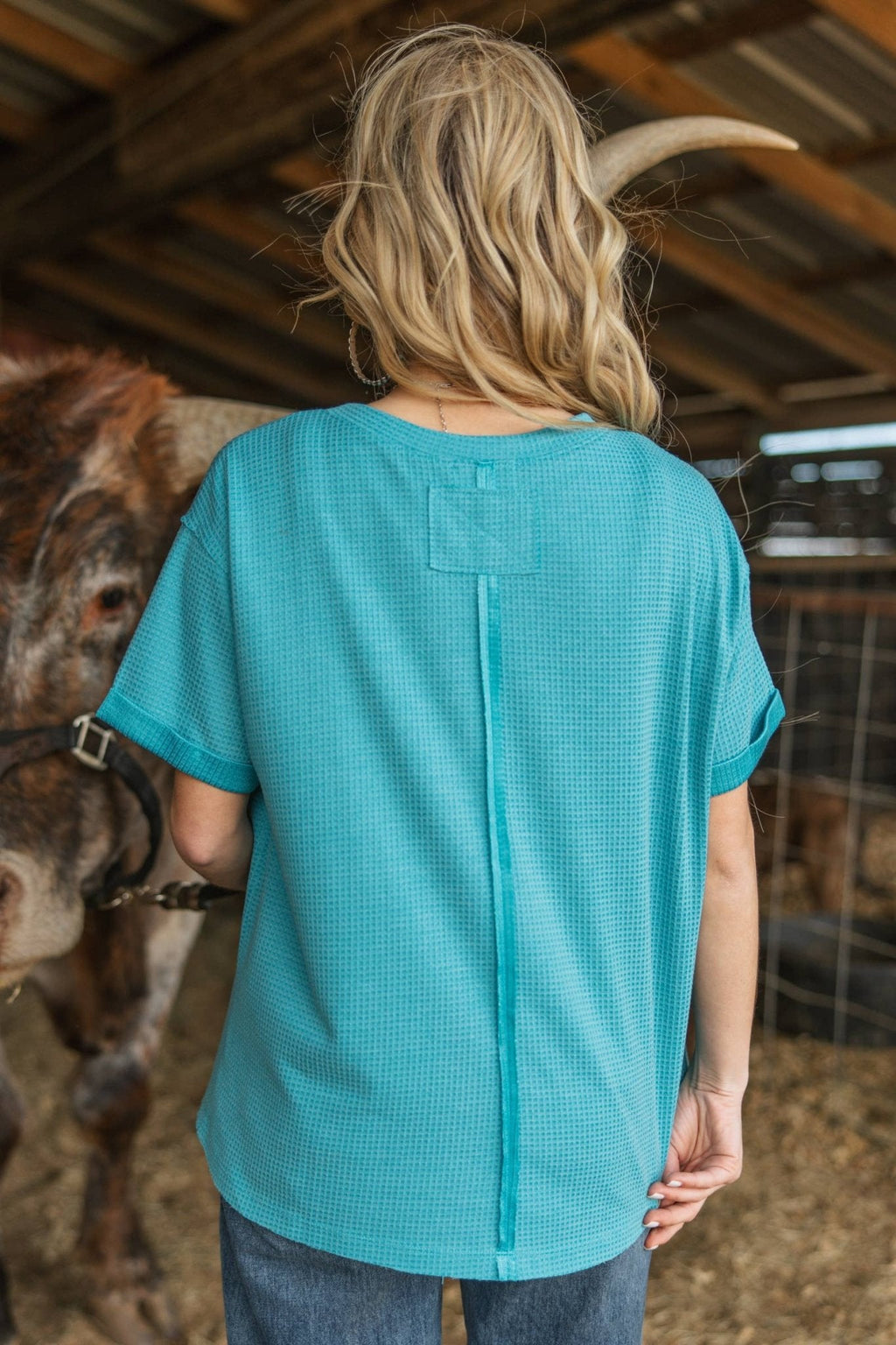 Andrée by Unit "Santa Anna" Two-Tone Short Sleeve Textured Western Top — Stretchy Knit with Raw-Edged Back Patch (5 Colors) Cowhide and Conchos