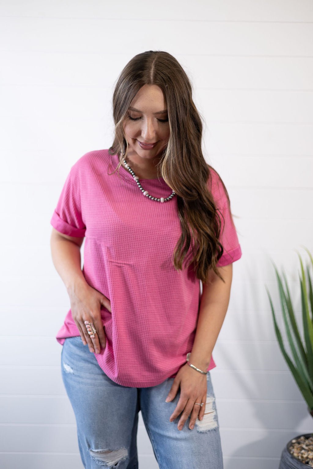 Andrée by Unit "Santa Anna" Two-Tone Short Sleeve Textured Western Top — Stretchy Knit with Raw-Edged Back Patch (5 Colors) Cowhide and Conchos