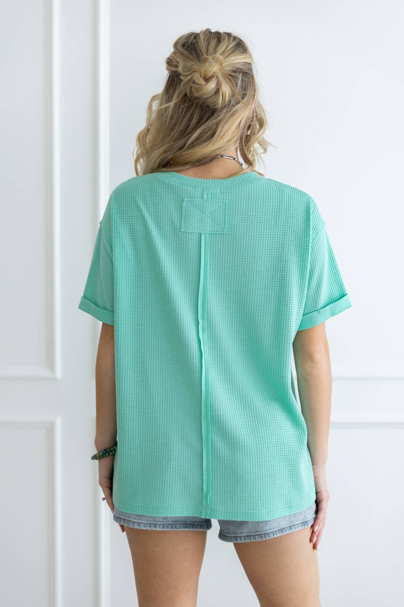 Andrée by Unit "Santa Anna" Two-Tone Short Sleeve Textured Western Top — Stretchy Knit with Raw-Edged Back Patch (5 Colors) Cowhide and Conchos