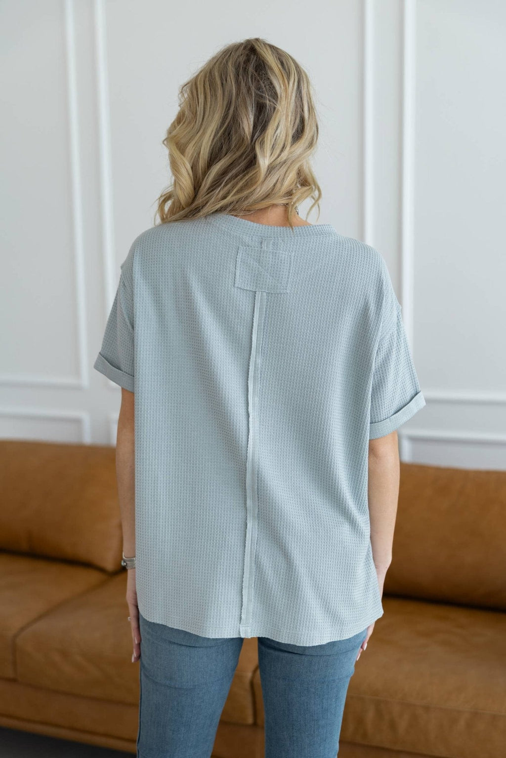 Andrée by Unit "Santa Anna" Two-Tone Short Sleeve Textured Western Top — Stretchy Knit with Raw-Edged Back Patch (5 Colors) Cowhide and Conchos