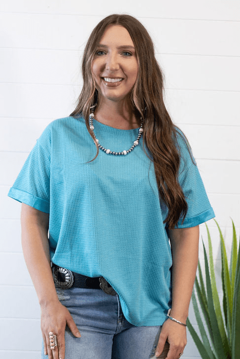 Andrée by Unit "Santa Anna" Two-Tone Short Sleeve Textured Western Top — Stretchy Knit with Raw-Edged Back Patch (5 Colors) Cowhide and Conchos