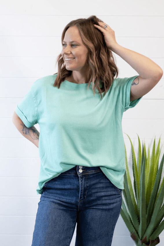 Andrée by Unit "Santa Anna" Two-Tone Short Sleeve Textured Western Top — Stretchy Knit with Raw-Edged Back Patch (5 Colors) Cowhide and Conchos