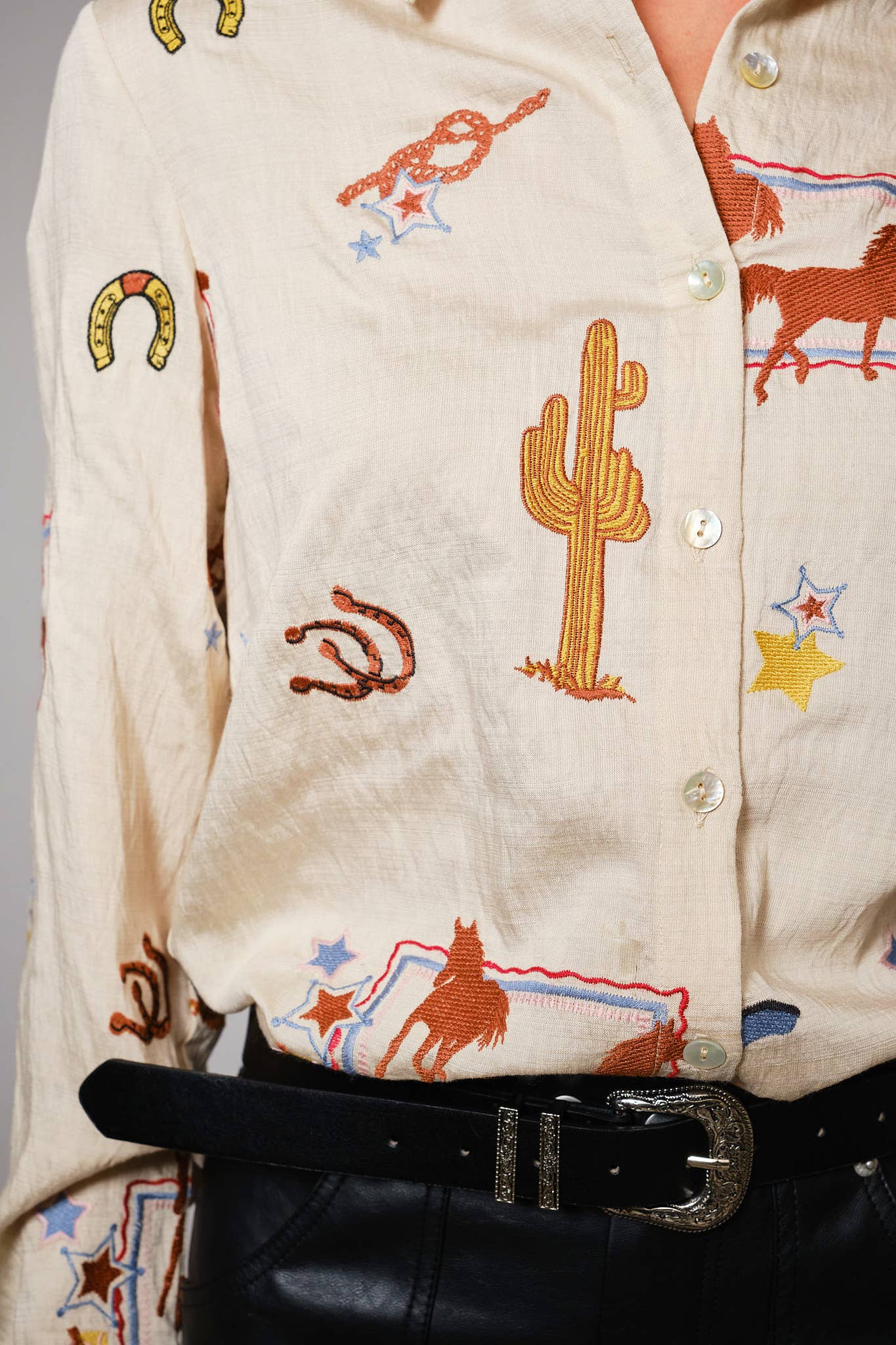 Blue B "She's Western" Embroidered Shirt — Horses, Cacti, Stars & Boots Western Embroidery Cowhide and Conchos