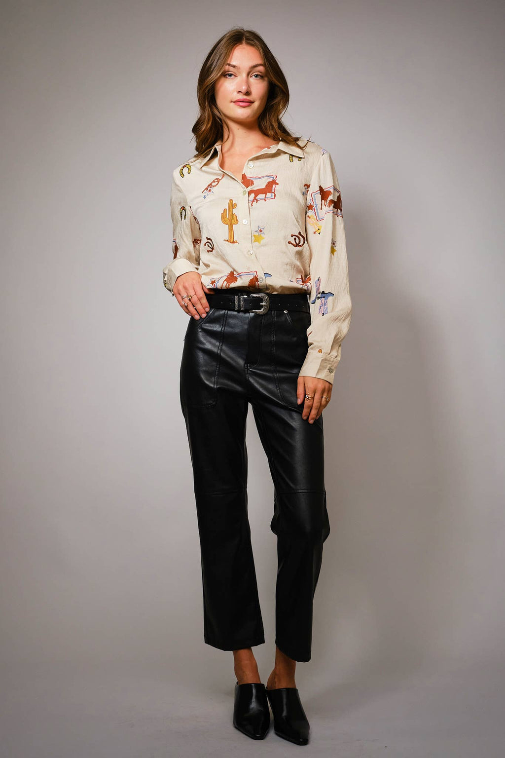 Blue B "She's Western" Embroidered Shirt — Horses, Cacti, Stars & Boots Western Embroidery Cowhide and Conchos
