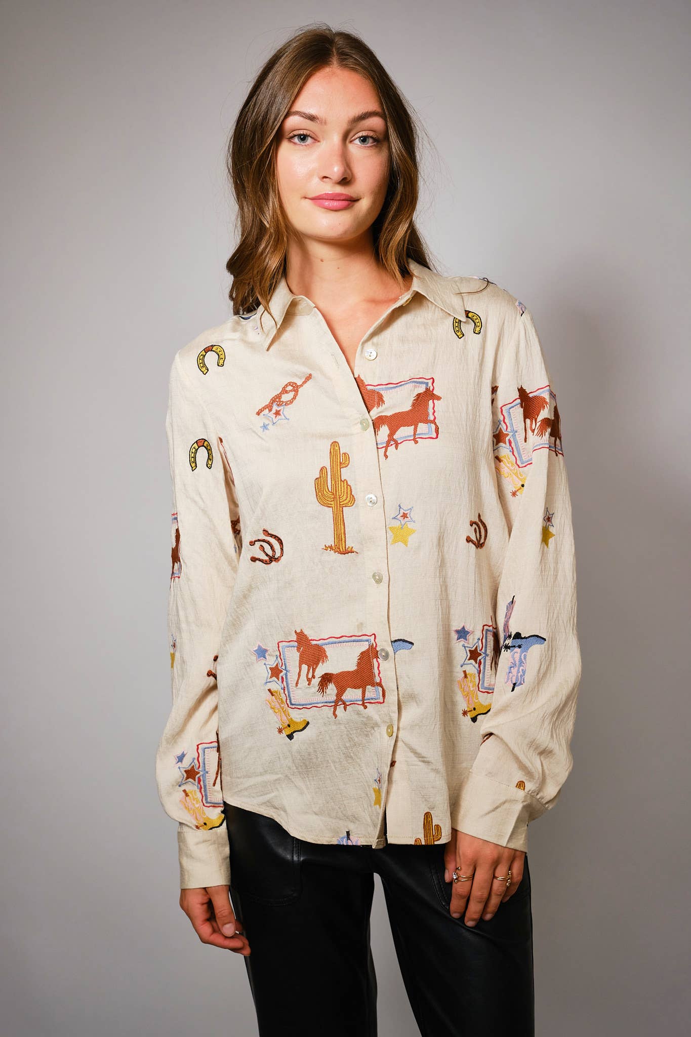 Blue B "She's Western" Embroidered Shirt — Horses, Cacti, Stars & Boots Western Embroidery Cowhide and Conchos