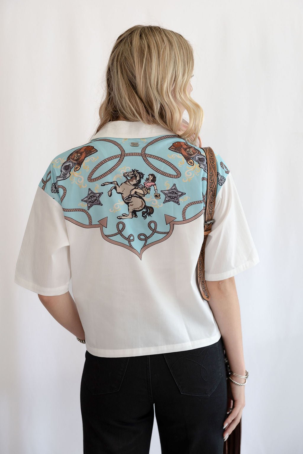 LUCKY & BLESSED "Silver Screen" Western Yoke Button-Down Short Sleeve Top — Ivory with Turquoise & Red Vintage Yoke (small available) Cowhide and Conchos