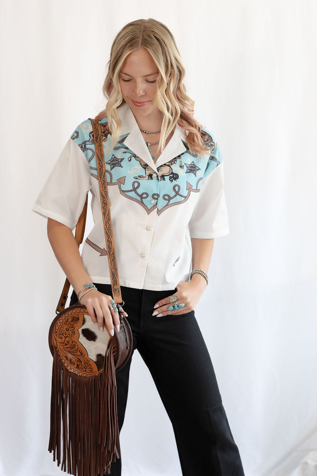 LUCKY & BLESSED "Silver Screen" Western Yoke Button-Down Short Sleeve Top — Ivory with Turquoise & Red Vintage Yoke (small available) Cowhide and Conchos