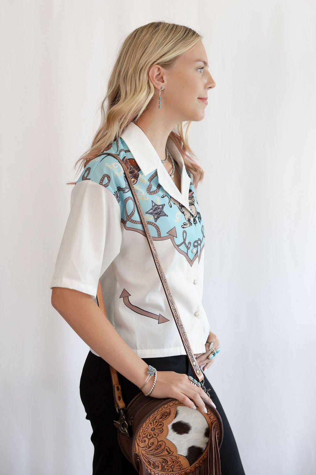 LUCKY & BLESSED "Silver Screen" Western Yoke Button-Down Short Sleeve Top — Ivory with Turquoise & Red Vintage Yoke (small available) Cowhide and Conchos