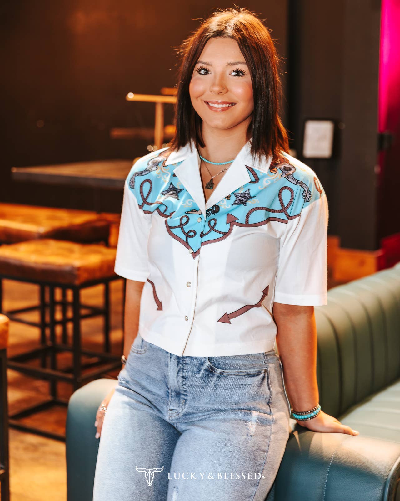 LUCKY & BLESSED "Silver Screen" Western Yoke Button-Down Short Sleeve Top — Ivory with Turquoise & Red Vintage Yoke (small available) Cowhide and Conchos