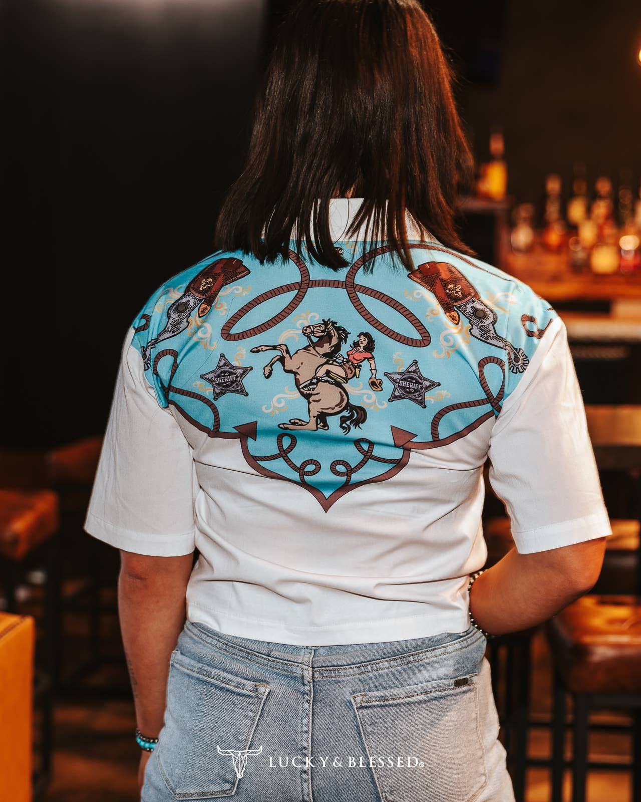 LUCKY & BLESSED "Silver Screen" Western Yoke Button-Down Short Sleeve Top — Ivory with Turquoise & Red Vintage Yoke (small available) Cowhide and Conchos