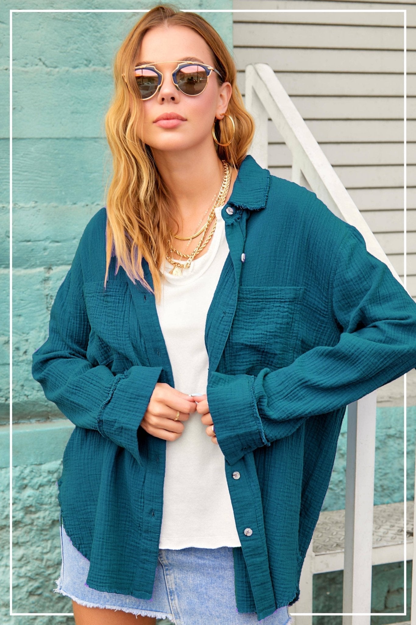 La Miel Soft Washed Crinkled Cotton Button-Down Western Shirt — Oversized Slouchy Fit with Raw Hemline (small remaining) Cowhide and Conchos