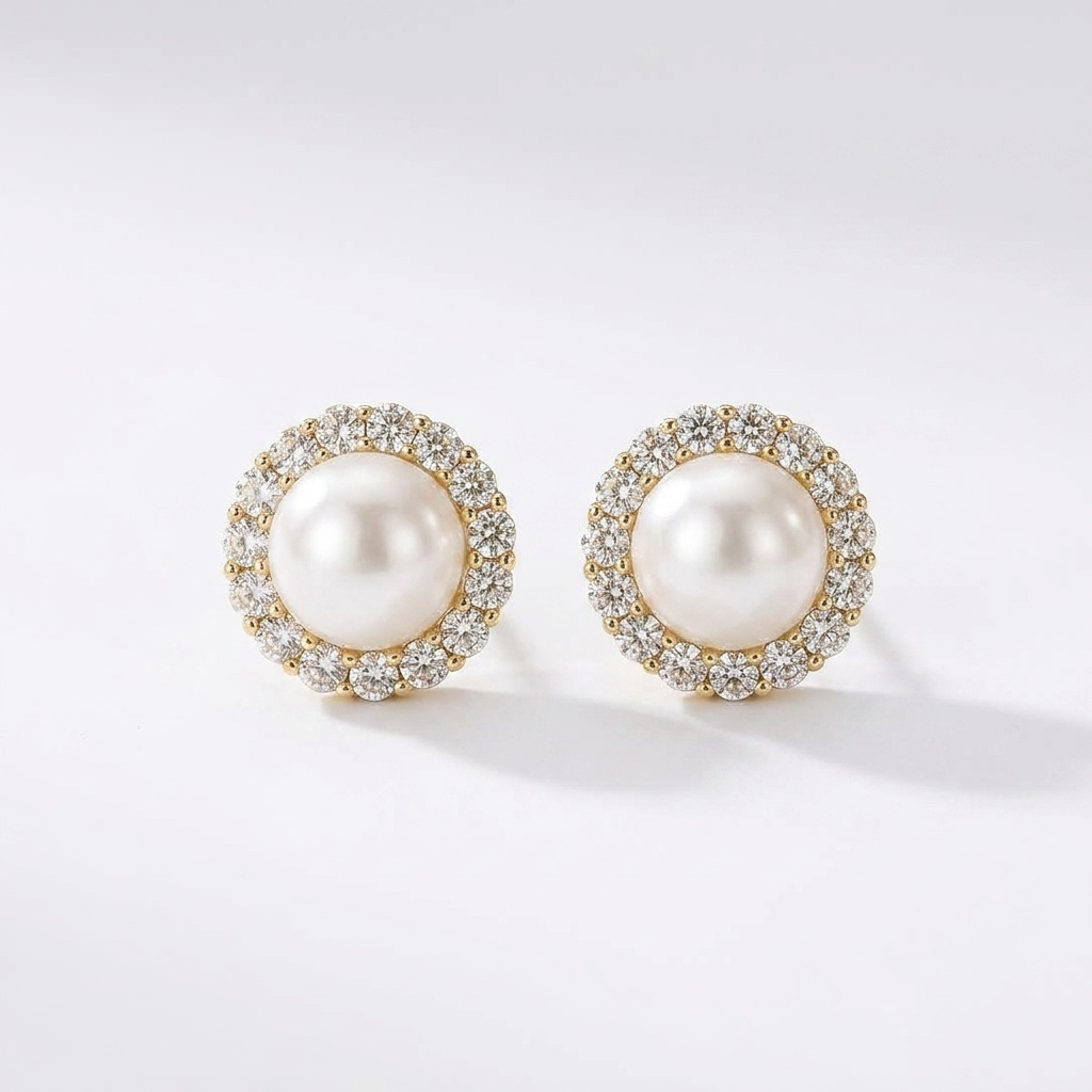 Diamond Pearl Stud Earrings Ostella Shells