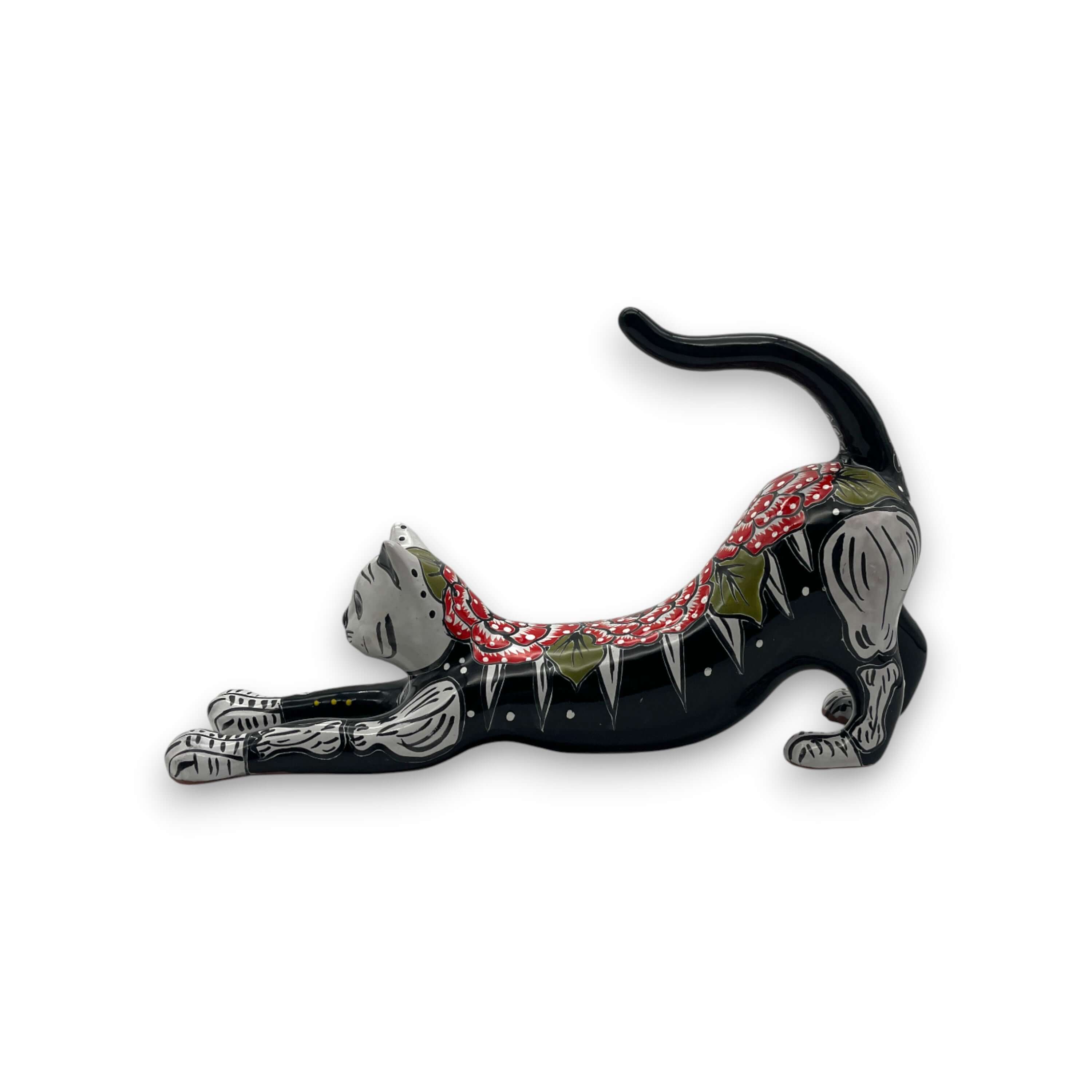 Talavera Stretching Cat Figurine | Hand-Painted Calavera Art