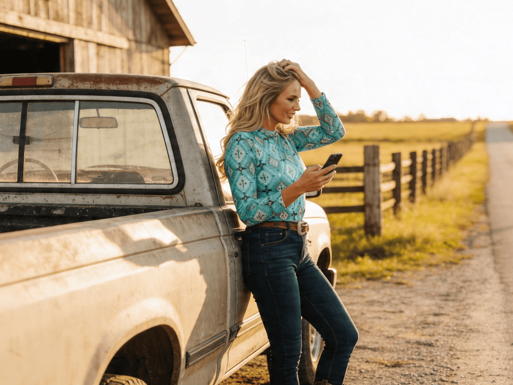 LUCKY & BLESSED Turquoise Aztec Print Long Sleeve Mesh Western Top — Bold Southwestern Geometric Layering Piece Cowhide and Conchos