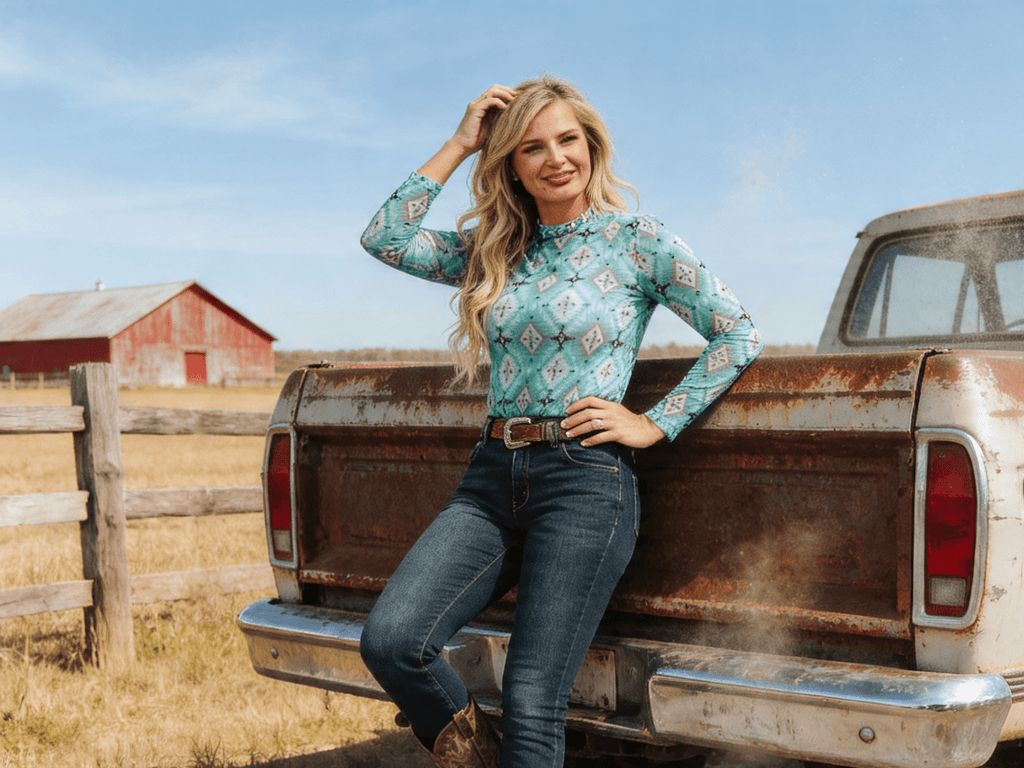 LUCKY & BLESSED Turquoise Aztec Print Long Sleeve Mesh Western Top — Bold Southwestern Geometric Layering Piece Cowhide and Conchos