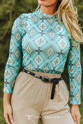 LUCKY & BLESSED Turquoise Aztec Print Long Sleeve Mesh Western Top — Bold Southwestern Geometric Layering Piece Cowhide and Conchos