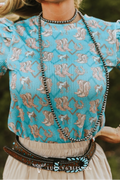 LUCKY & BLESSED Turquoise Boots Print Puff Short Sleeve Western Top — Iconic Western Boot Print Cowgirl Statement Cowhide and Conchos