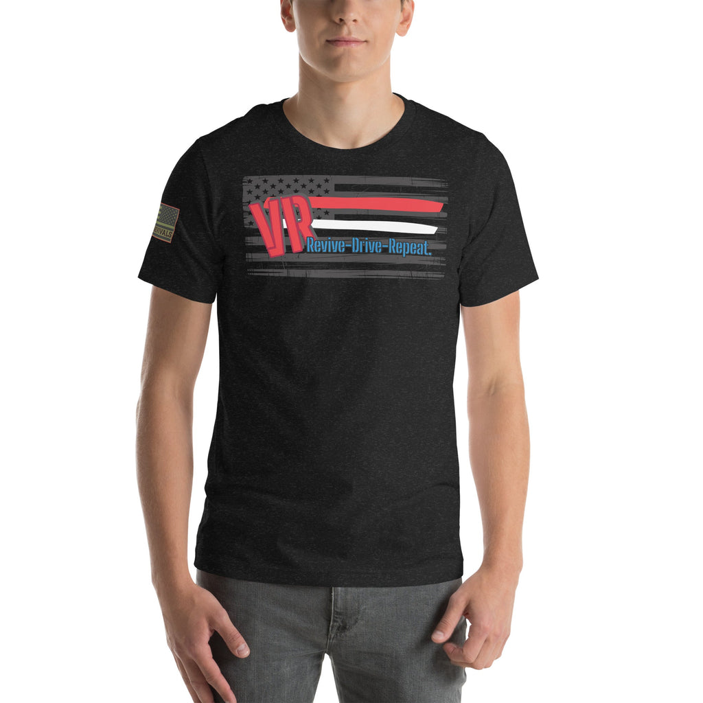 VR Revive Drive Repeat T-Shirt – Distressed American Flag Graphic Tee for Car & Truck Enthusiasts